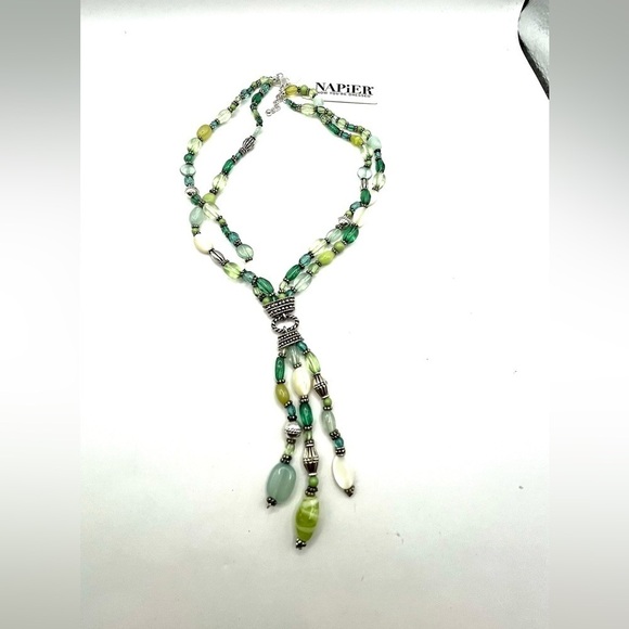 Napier Silver Tone Beaded Necklace Blue Green White Beads Lariat Style Necklace - Picture 6 of 11